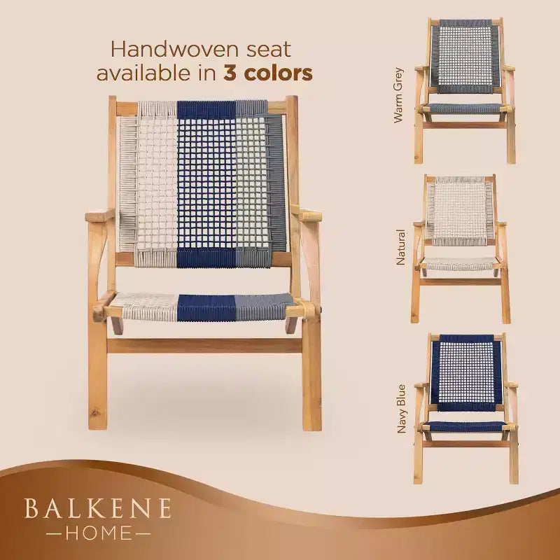 Balkene Home 63634 Chaise d'extérieur Vega en bois d'acacia teinté naturel, assise en toile tressée, fauteuil inclinable de style Mid-Century pour patio, jardin, terrasse - Bleu marine