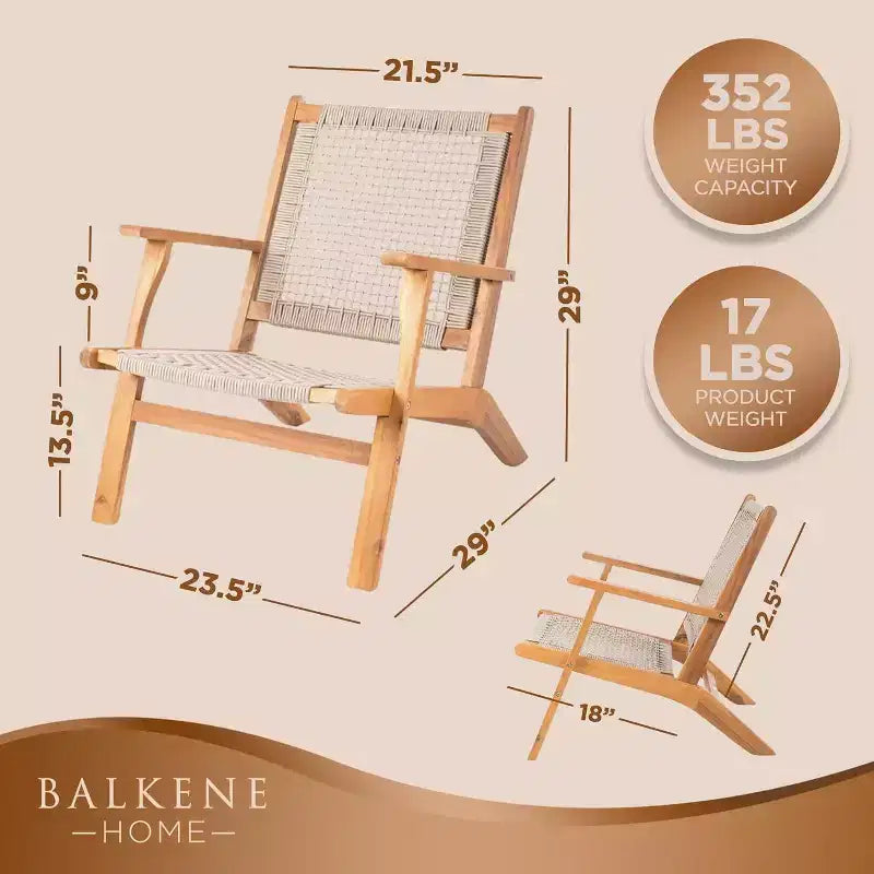 Balkene Home 63634 Chaise d'extérieur Vega en bois d'acacia teinté naturel, assise en toile tressée, fauteuil inclinable de style Mid-Century pour patio, jardin, terrasse - Bleu marine