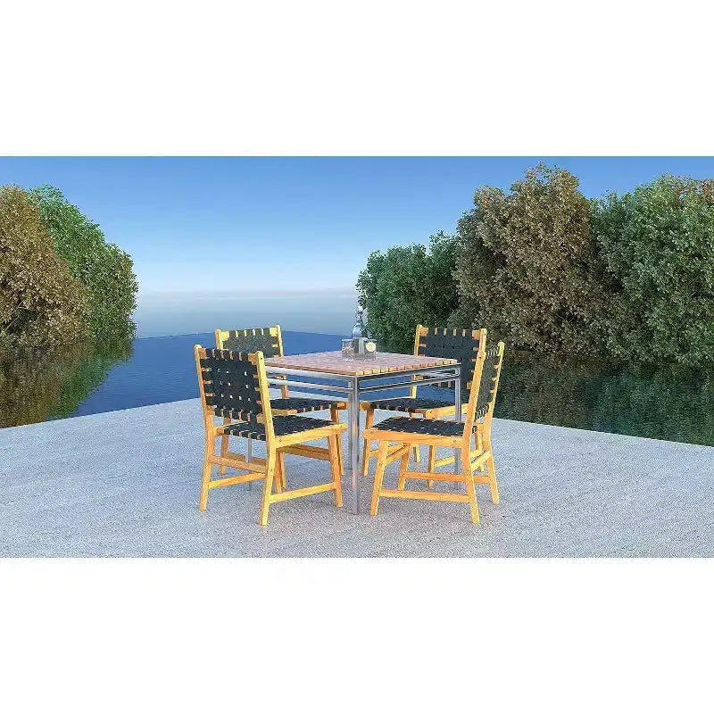 Balkene Home 63710 Chaise de salle à manger sans accoudoirs Sava pour l'intérieur/l'extérieur, en osier tout temps, avec structure basse en bois d'acacia portable et assise tressée, sangle noire