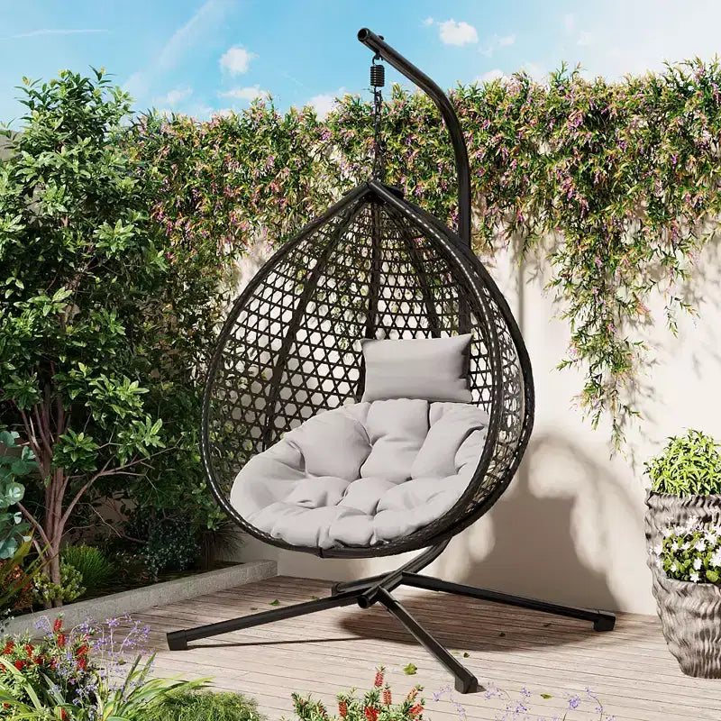 GDFStudio Chaise suspendue en rotin Anderson en forme d'œuf avec support et coussin moelleux amovible