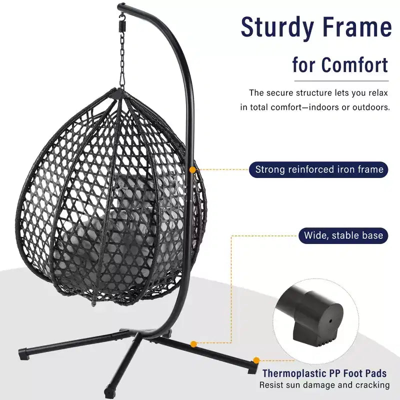 GDFStudio Chaise suspendue en rotin Anderson en forme d'œuf avec support et coussin moelleux amovible