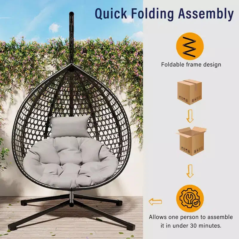 GDFStudio Chaise suspendue en rotin Anderson en forme d'œuf avec support et coussin moelleux amovible