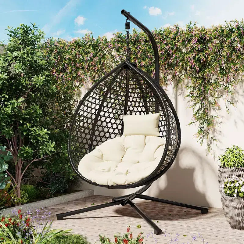 GDFStudio Chaise suspendue en rotin Anderson en forme d'œuf avec support et coussin moelleux amovible