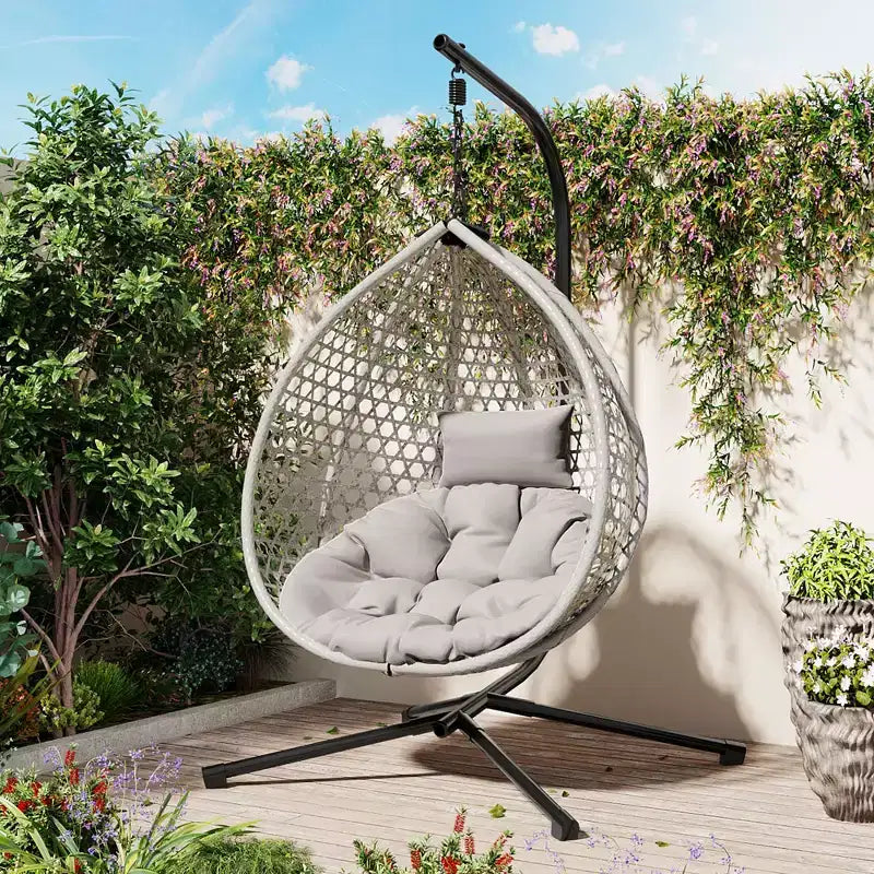 GDFStudio Chaise suspendue en rotin Anderson en forme d'œuf avec support et coussin moelleux amovible