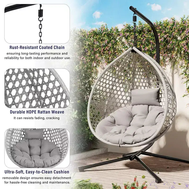 GDFStudio Chaise suspendue en rotin Anderson en forme d'œuf avec support et coussin moelleux amovible