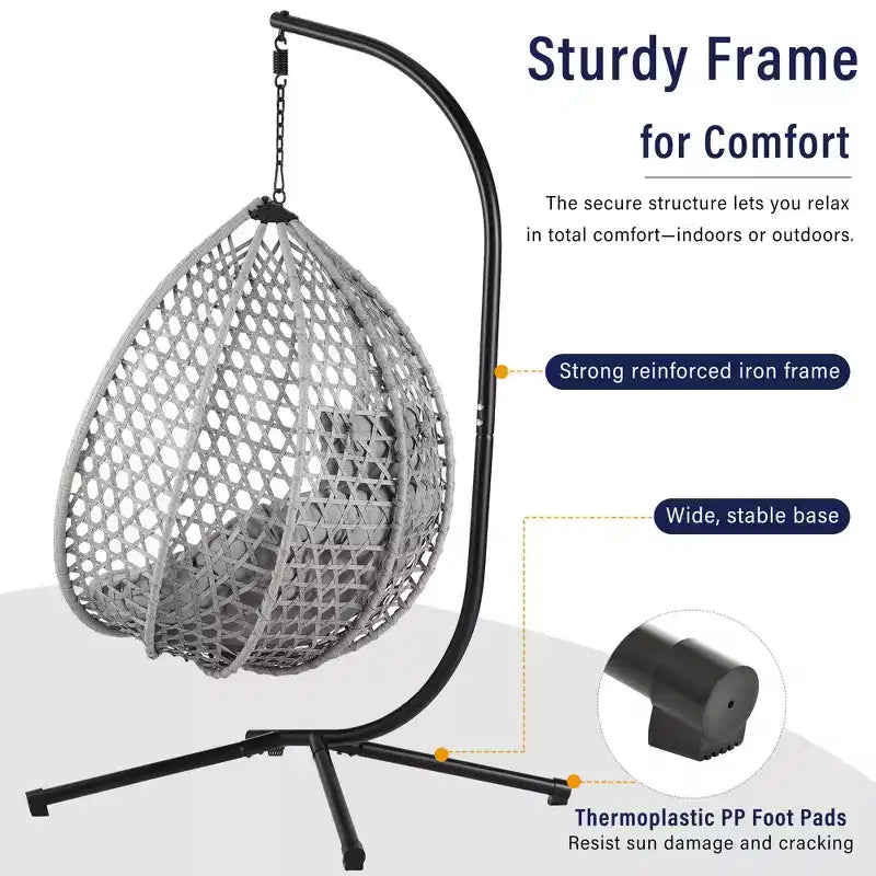 GDFStudio Chaise suspendue en rotin Anderson en forme d'œuf avec support et coussin moelleux amovible