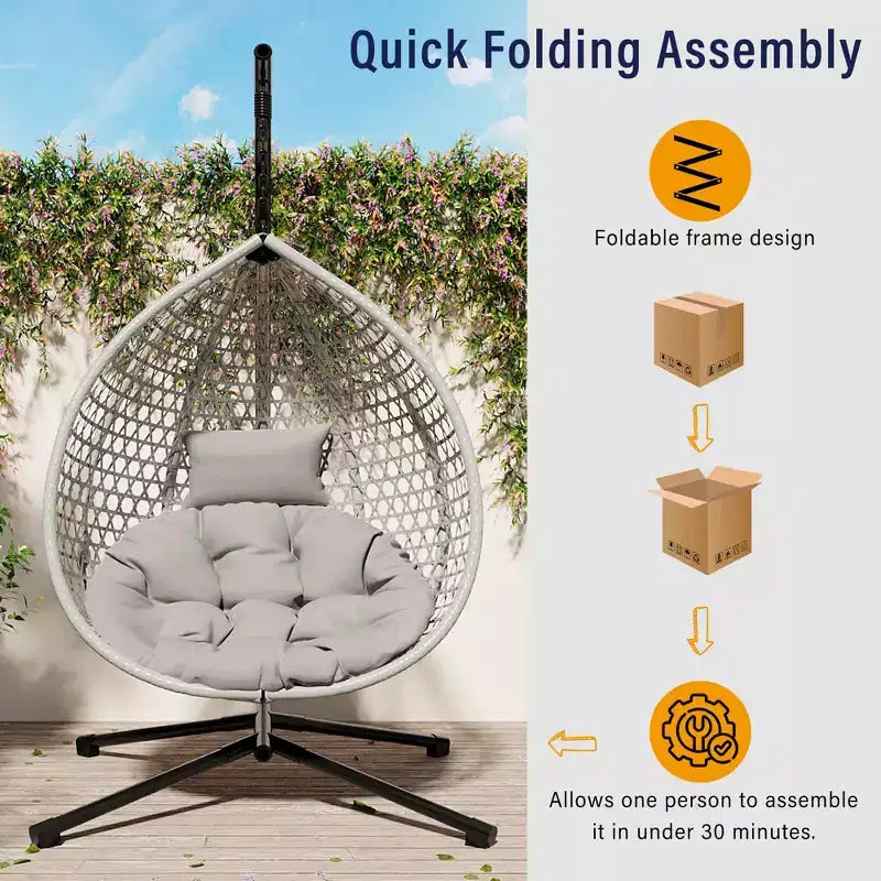 GDFStudio Chaise suspendue en rotin Anderson en forme d'œuf avec support et coussin moelleux amovible