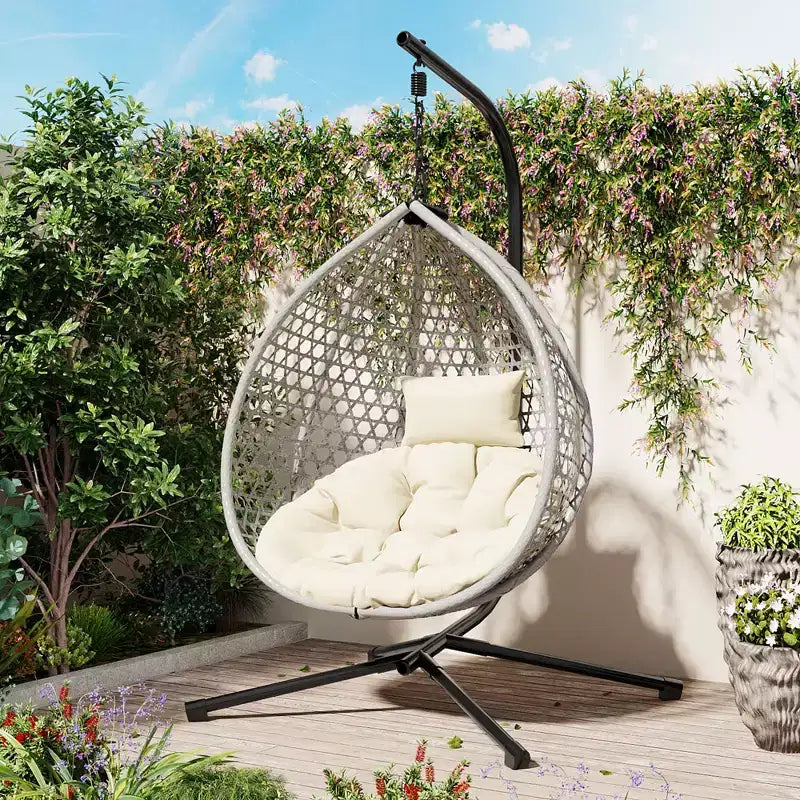 GDFStudio Chaise suspendue en rotin Anderson en forme d'œuf avec support et coussin moelleux amovible