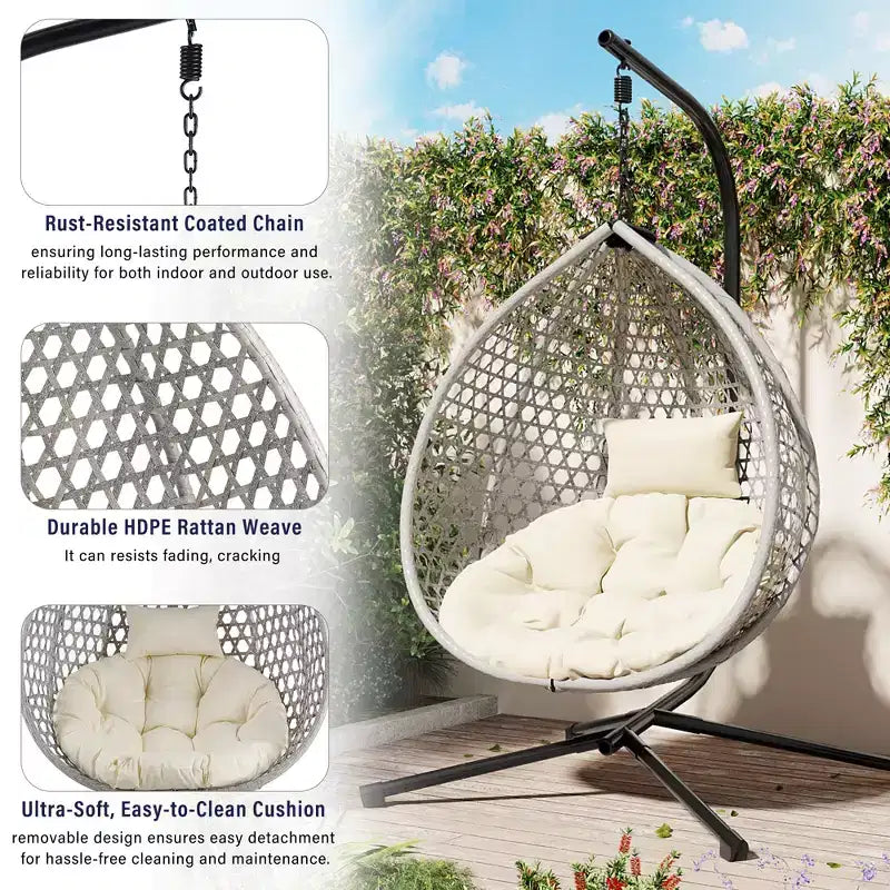 GDFStudio Chaise suspendue en rotin Anderson en forme d'œuf avec support et coussin moelleux amovible