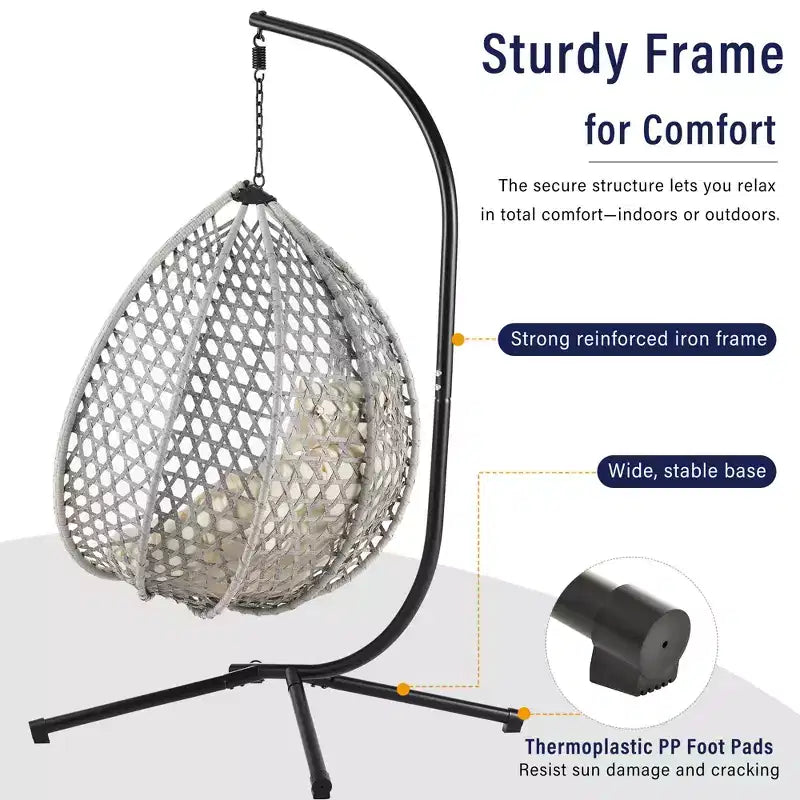 GDFStudio Chaise suspendue en rotin Anderson en forme d'œuf avec support et coussin moelleux amovible