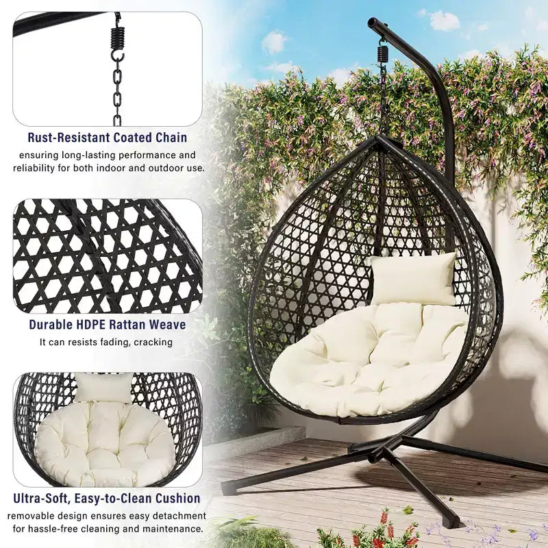 GDFStudio Chaise suspendue en rotin Anderson en forme d'œuf avec support et coussin moelleux amovible