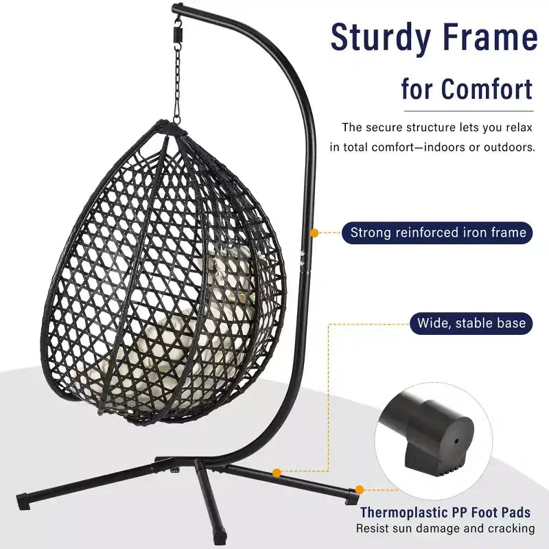 GDFStudio Chaise suspendue en rotin Anderson en forme d'œuf avec support et coussin moelleux amovible