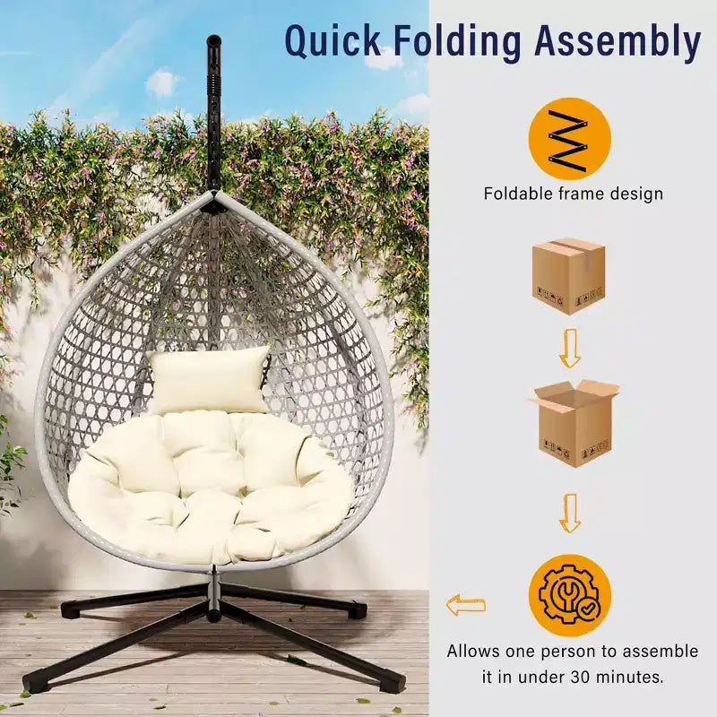 GDFStudio Chaise suspendue en rotin Anderson en forme d'œuf avec support et coussin moelleux amovible