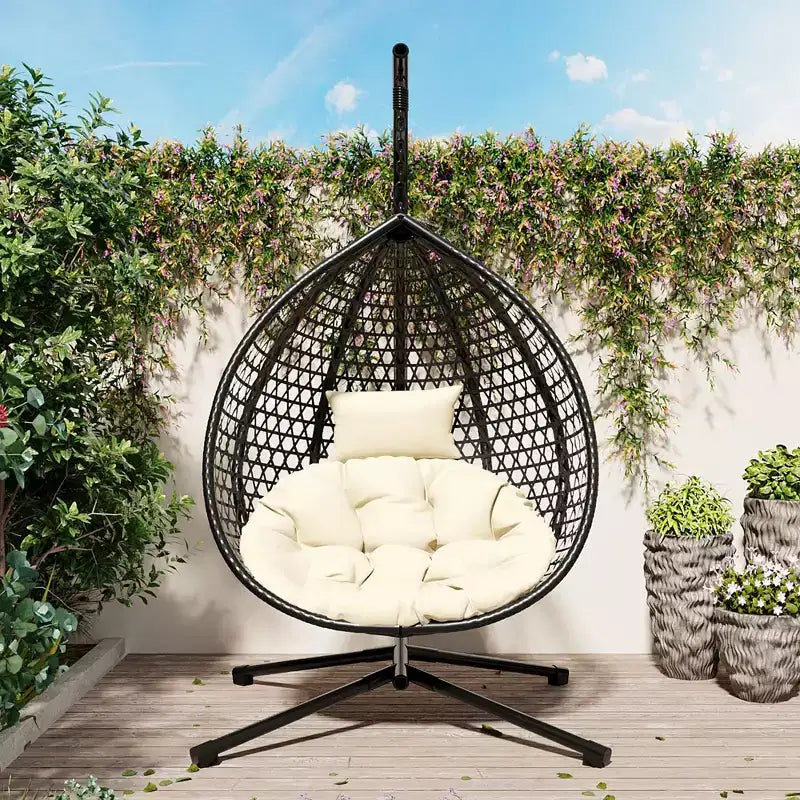 GDFStudio Anderson Hanging Egg Rattan Chair with Stand and Soft Removable Cushion