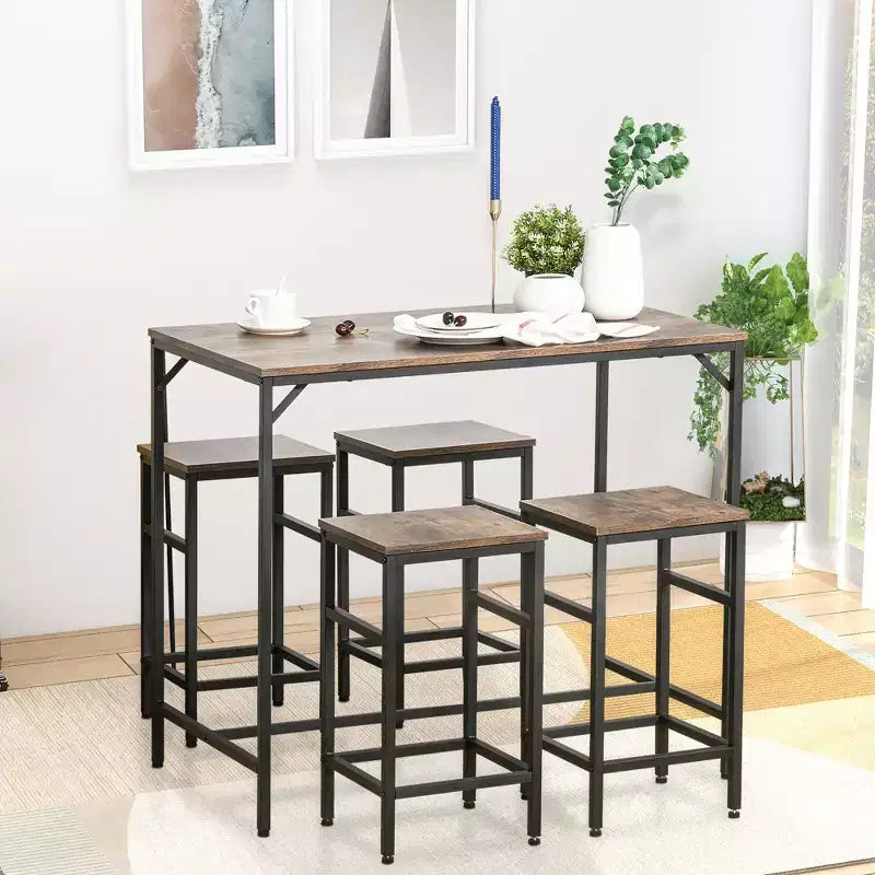 Ensemble de salle à manger industriel 5 pièces, Table de bar et 4 tabourets, Gain de place pour Pub & Cuisine/Noir