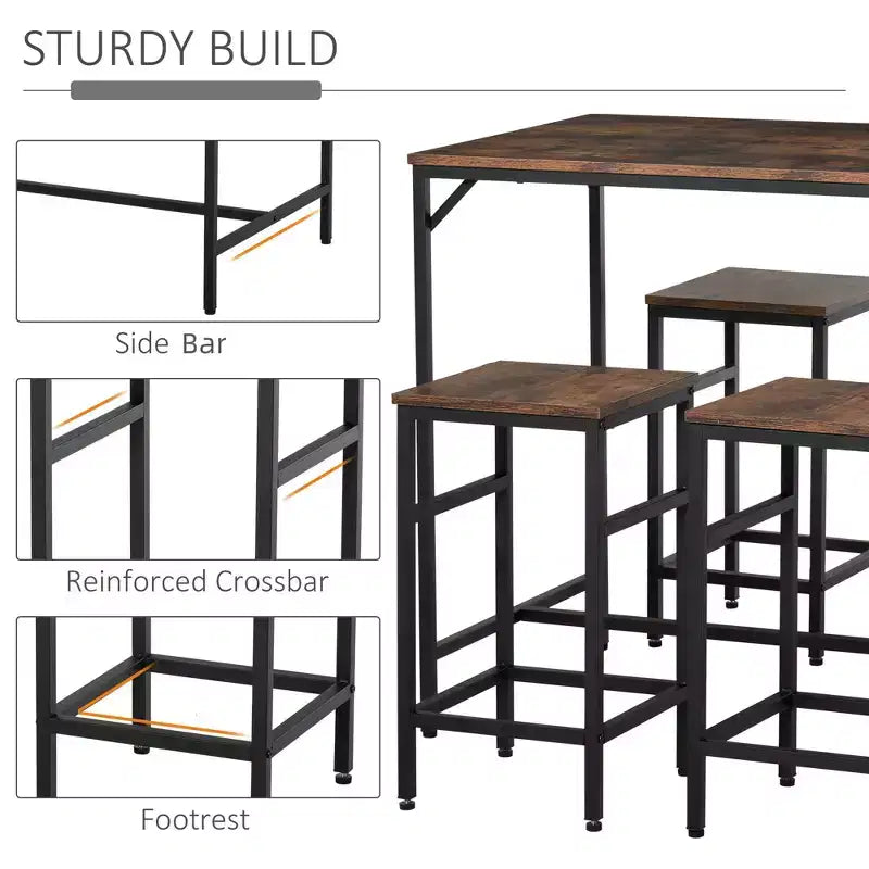 Ensemble de salle à manger industriel 5 pièces, Table de bar et 4 tabourets, Gain de place pour Pub & Cuisine/Noir