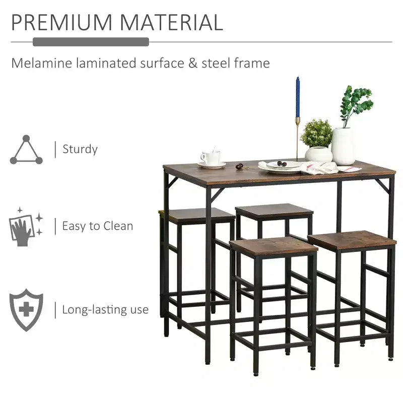 Ensemble de salle à manger industriel 5 pièces, Table de bar et 4 tabourets, Gain de place pour Pub & Cuisine/Noir