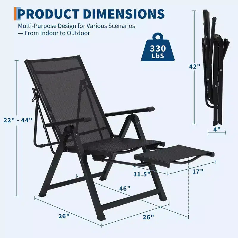 Chaise pliante d'extérieur COZONY avec repose-pieds, transat inclinable réglable sur 10 positions, chaise de camping surdimensionnée en maille textilène, capacité 150 kg