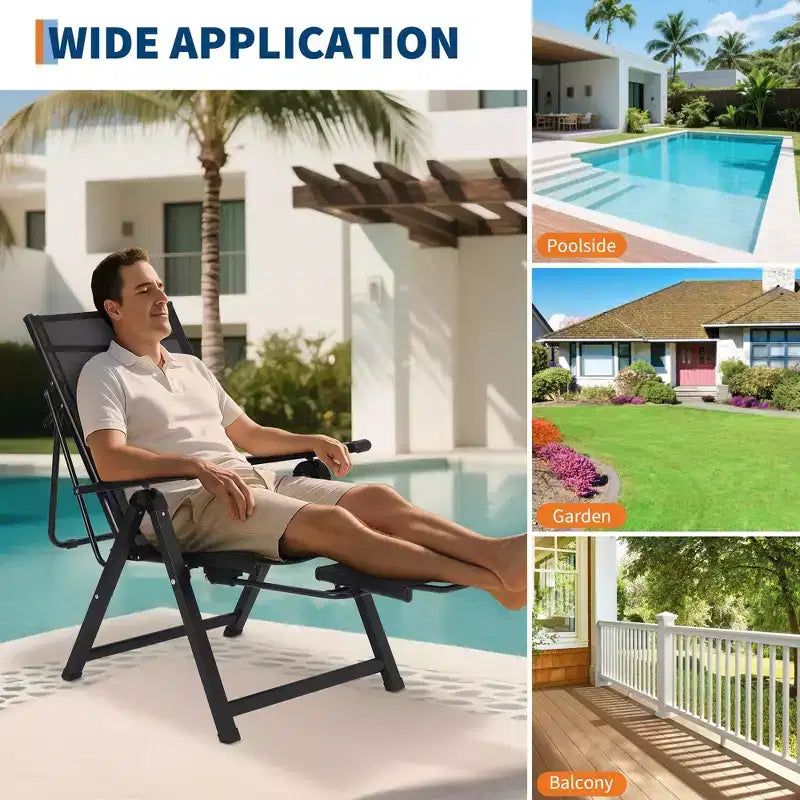 Chaise pliante d'extérieur COZONY avec repose-pieds, transat inclinable réglable sur 10 positions, chaise de camping surdimensionnée en maille textilène, capacité 150 kg