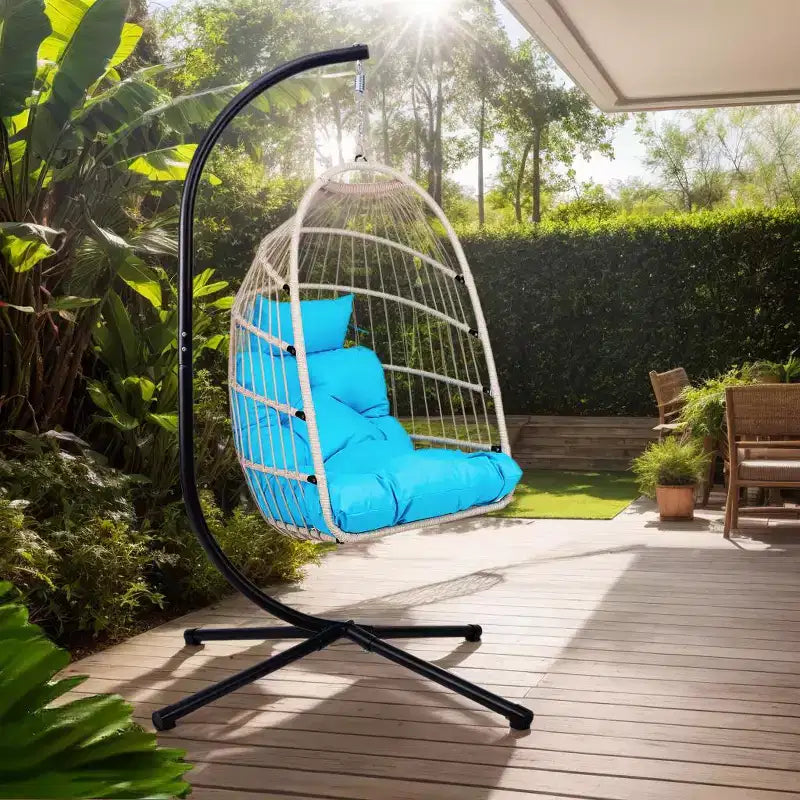 Fauteuil suspendu d'extérieur Okak avec support, fauteuil suspendu en osier, fauteuils de porche avec coussins pour arrière-cour, jardin, terrasse