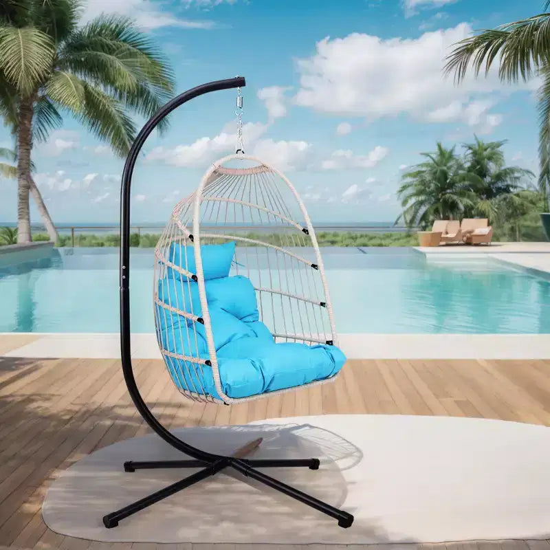 Fauteuil suspendu d'extérieur Okak avec support, fauteuil suspendu en osier, fauteuils de porche avec coussins pour arrière-cour, jardin, terrasse