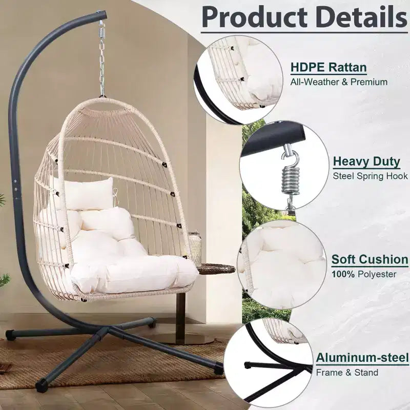 Fauteuil suspendu d'extérieur Okak avec support, fauteuil suspendu en osier, fauteuils de porche avec coussins pour arrière-cour, jardin, terrasse