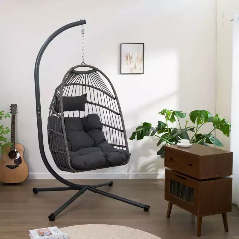 Fauteuil suspendu d'extérieur Okak avec support, fauteuil suspendu en osier, fauteuils de porche avec coussins pour arrière-cour, jardin, terrasse