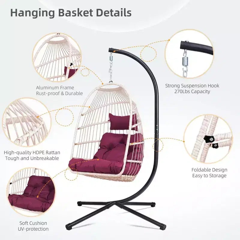 Fauteuil suspendu d'extérieur Okak avec support, fauteuil suspendu en osier, fauteuils de porche avec coussins pour arrière-cour, jardin, terrasse