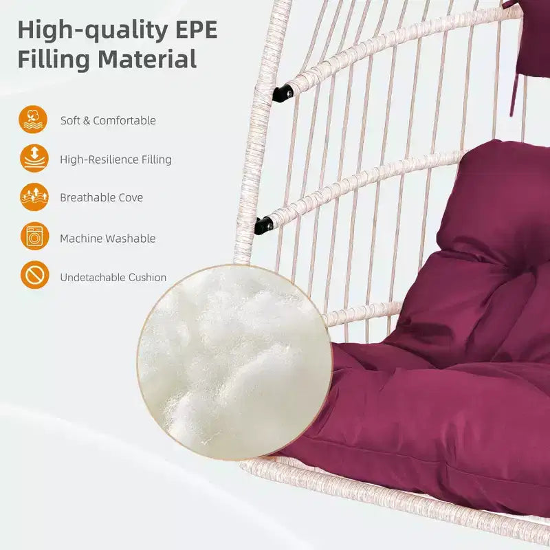 Fauteuil suspendu d'extérieur Okak avec support, fauteuil suspendu en osier, fauteuils de porche avec coussins pour arrière-cour, jardin, terrasse