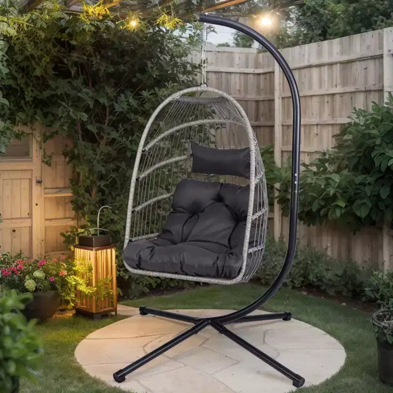Fauteuil suspendu d'extérieur Okak avec support, fauteuil suspendu en osier, fauteuils de porche avec coussins pour arrière-cour, jardin, terrasse