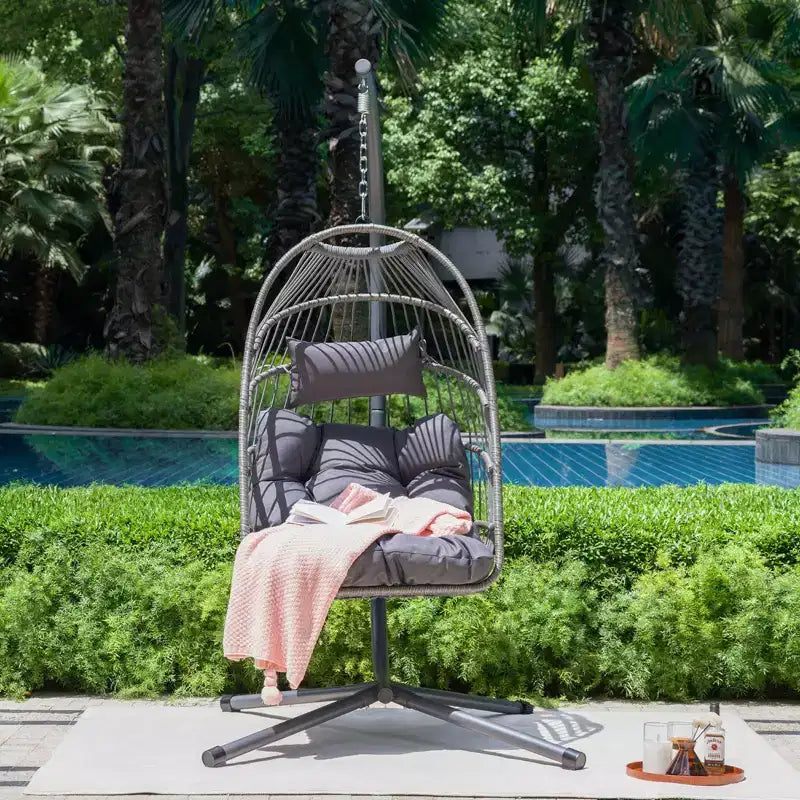 Fauteuil suspendu d'extérieur Okak avec support, fauteuil suspendu en osier, fauteuils de porche avec coussins pour arrière-cour, jardin, terrasse
