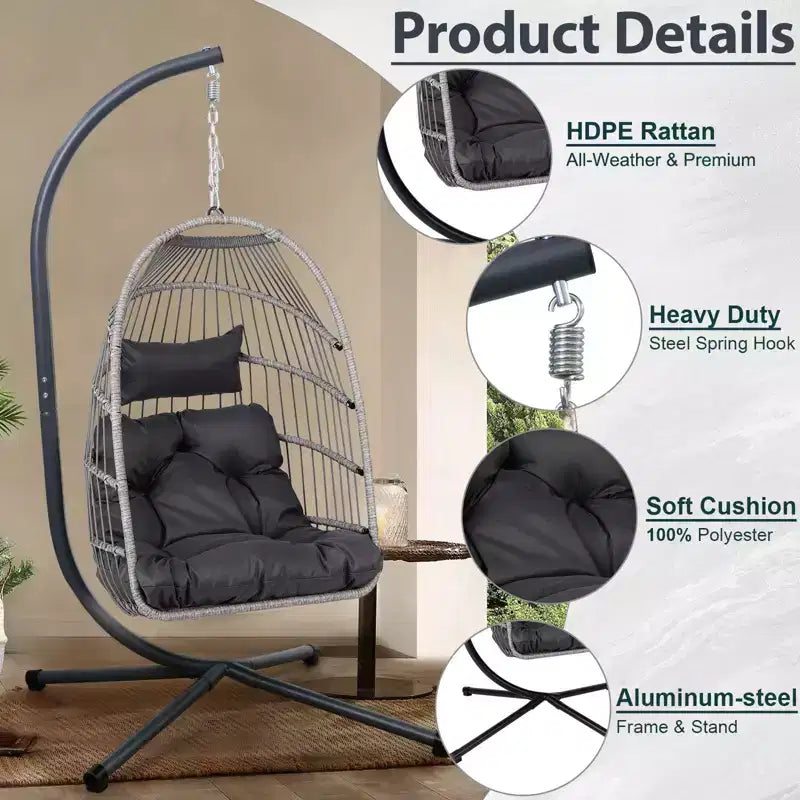 Fauteuil suspendu d'extérieur Okak avec support, fauteuil suspendu en osier, fauteuils de porche avec coussins pour arrière-cour, jardin, terrasse