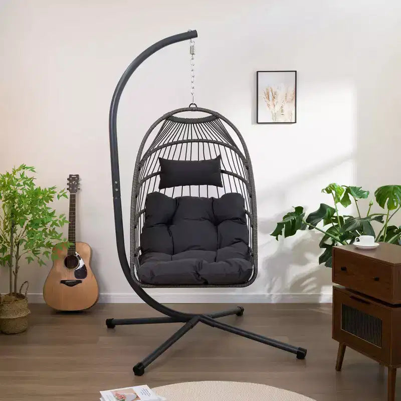 Okak Outdoor Egg Chair with Stand, Hanging Chair with Wicker Seat, Porch Chairs with Cushions for Backyard, Garden, Patio