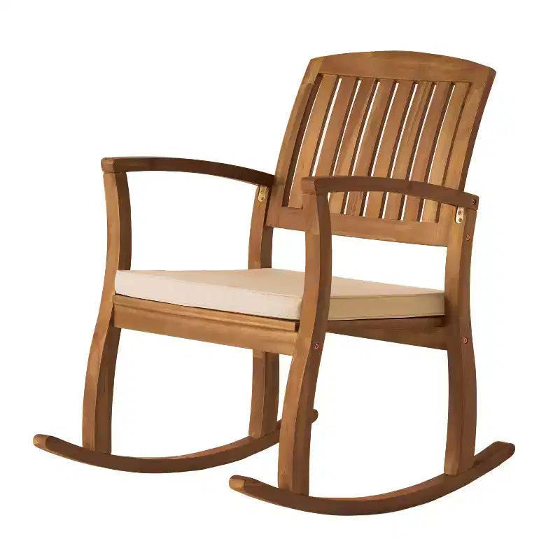 Fauteuils à bascule de patio Okak en bois d'acacia avec coussins imperméables, chaise d'extérieur avec accoudoirs fixes, chaise de patio pour jardin, pelouse, cour, Naturel+Crème