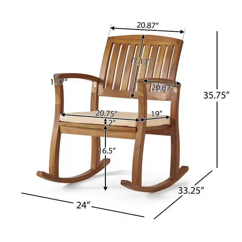 Fauteuils à bascule de patio Okak en bois d'acacia avec coussins imperméables, chaise d'extérieur avec accoudoirs fixes, chaise de patio pour jardin, pelouse, cour, Naturel+Crème
