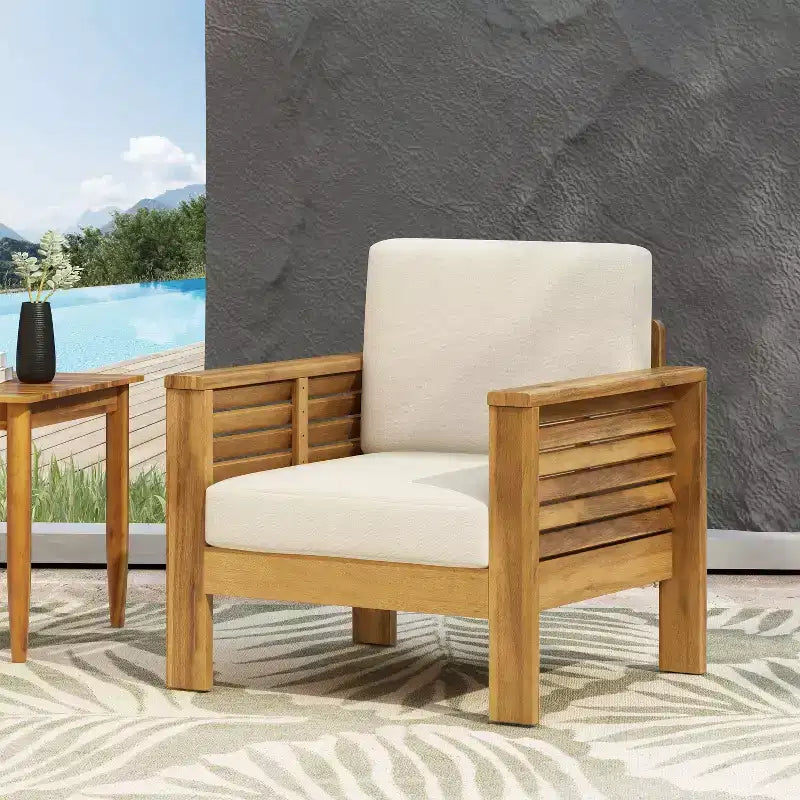 Fauteuils de jardin Okak en bois d'acacia avec coussins, chaises de porche style ferme avec accoudoirs fixes, fauteuil de terrasse pour jardin, arrière-cour