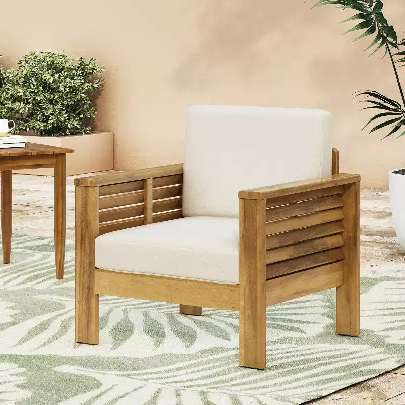 Fauteuils de jardin Okak en bois d'acacia avec coussins, chaises de porche style ferme avec accoudoirs fixes, fauteuil de terrasse pour jardin, arrière-cour
