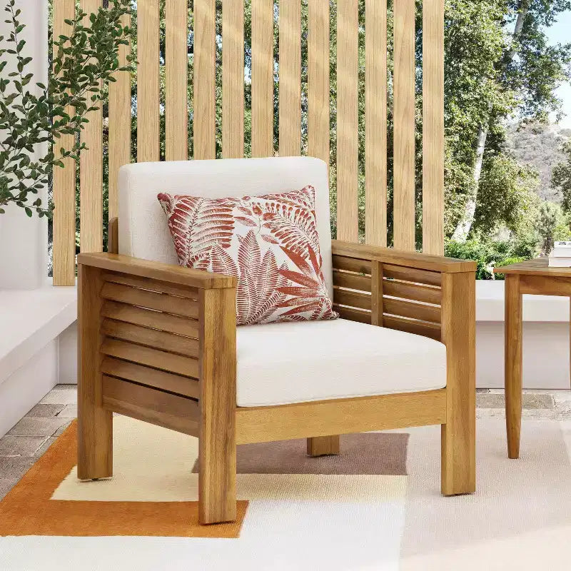 Fauteuils de jardin Okak en bois d'acacia avec coussins, chaises de porche style ferme avec accoudoirs fixes, fauteuil de terrasse pour jardin, arrière-cour