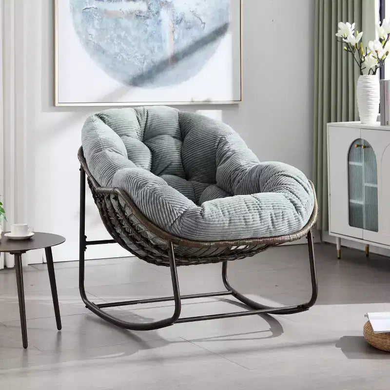 Fauteuils à bascule d'extérieur Okak en rotin avec coussin rembourré, fauteuils inclinables d'extérieur avec cadre métallique robuste, chaises de porche pour jardin, arrière-cour