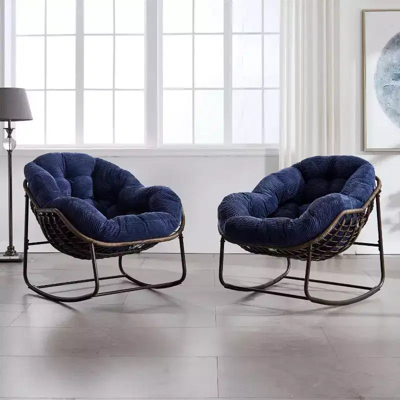 Fauteuils à bascule d'extérieur Okak en rotin avec coussin rembourré, fauteuils inclinables d'extérieur avec cadre métallique robuste, chaises de porche pour jardin, arrière-cour