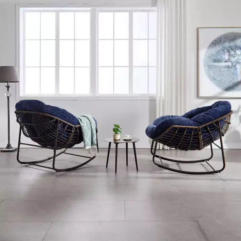 Fauteuils à bascule d'extérieur Okak en rotin avec coussin rembourré, fauteuils inclinables d'extérieur avec cadre métallique robuste, chaises de porche pour jardin, arrière-cour