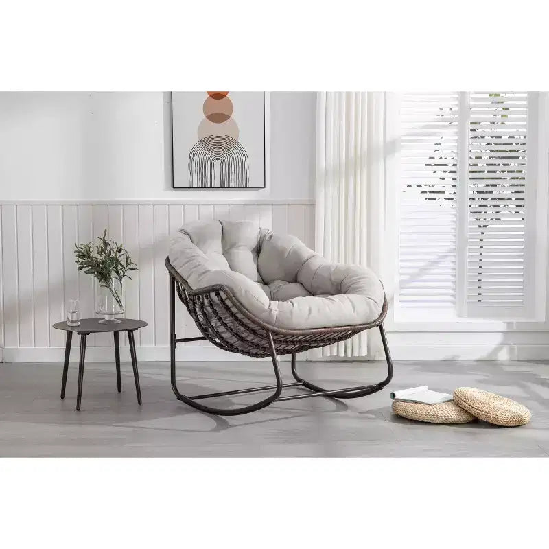 Fauteuils à bascule d'extérieur Okak en rotin avec coussin rembourré, fauteuils inclinables d'extérieur avec cadre métallique robuste, chaises de porche pour jardin, arrière-cour