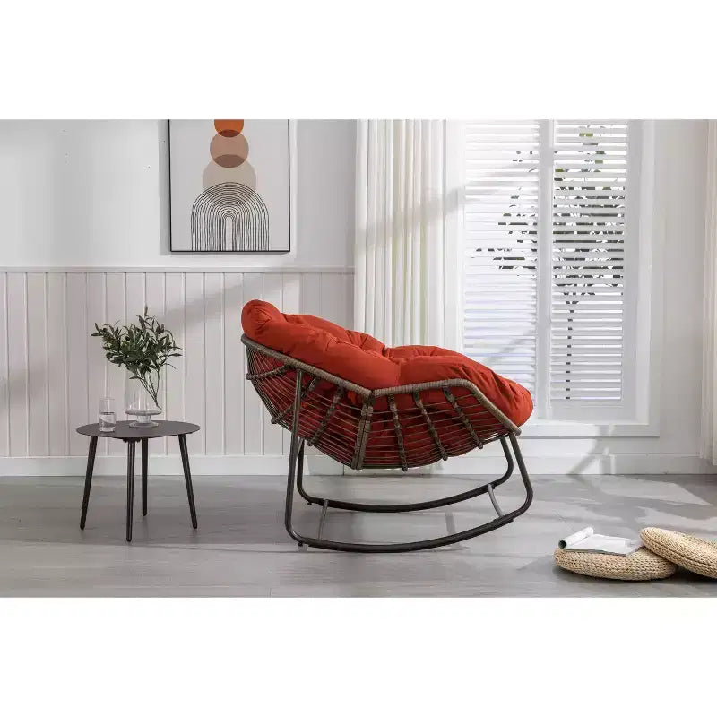 Fauteuils à bascule d'extérieur Okak en rotin avec coussin rembourré, fauteuils inclinables d'extérieur avec cadre métallique robuste, chaises de porche pour jardin, arrière-cour