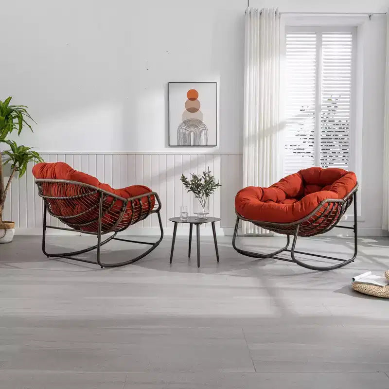 Fauteuils à bascule d'extérieur Okak en rotin avec coussin rembourré, fauteuils inclinables d'extérieur avec cadre métallique robuste, chaises de porche pour jardin, arrière-cour