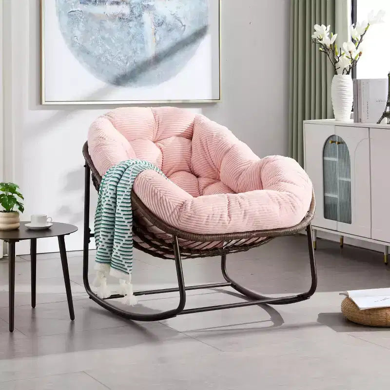 Fauteuils à bascule d'extérieur Okak en rotin avec coussin rembourré, fauteuils inclinables d'extérieur avec cadre métallique robuste, chaises de porche pour jardin, arrière-cour