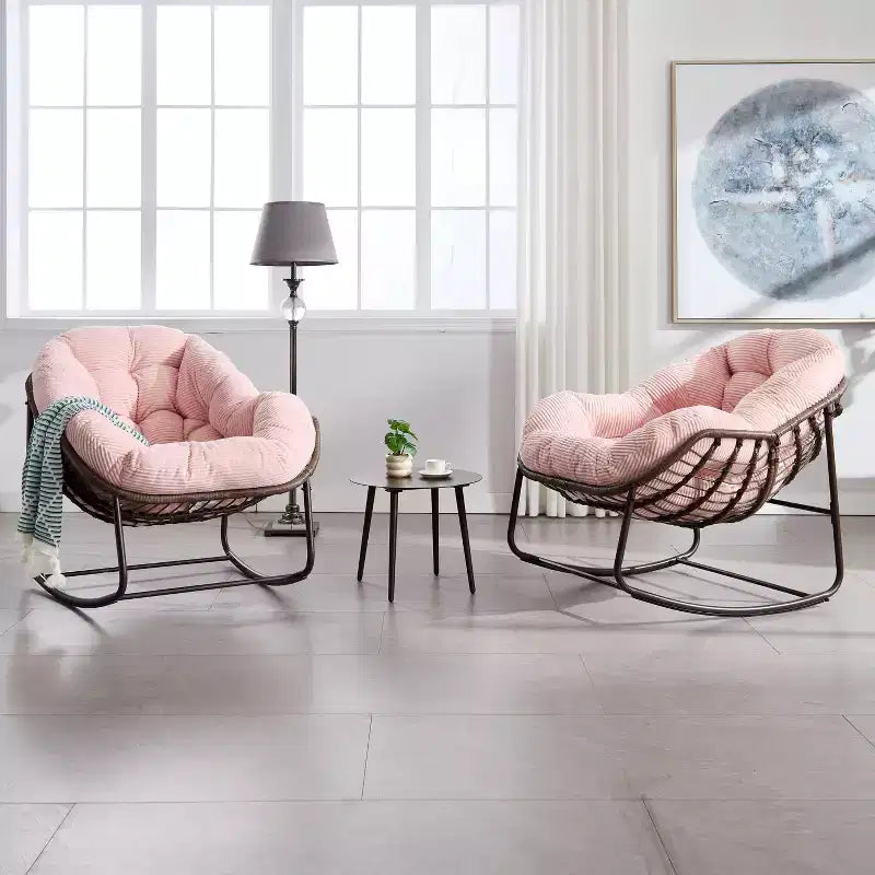 Fauteuils à bascule d'extérieur Okak en rotin avec coussin rembourré, fauteuils inclinables d'extérieur avec cadre métallique robuste, chaises de porche pour jardin, arrière-cour