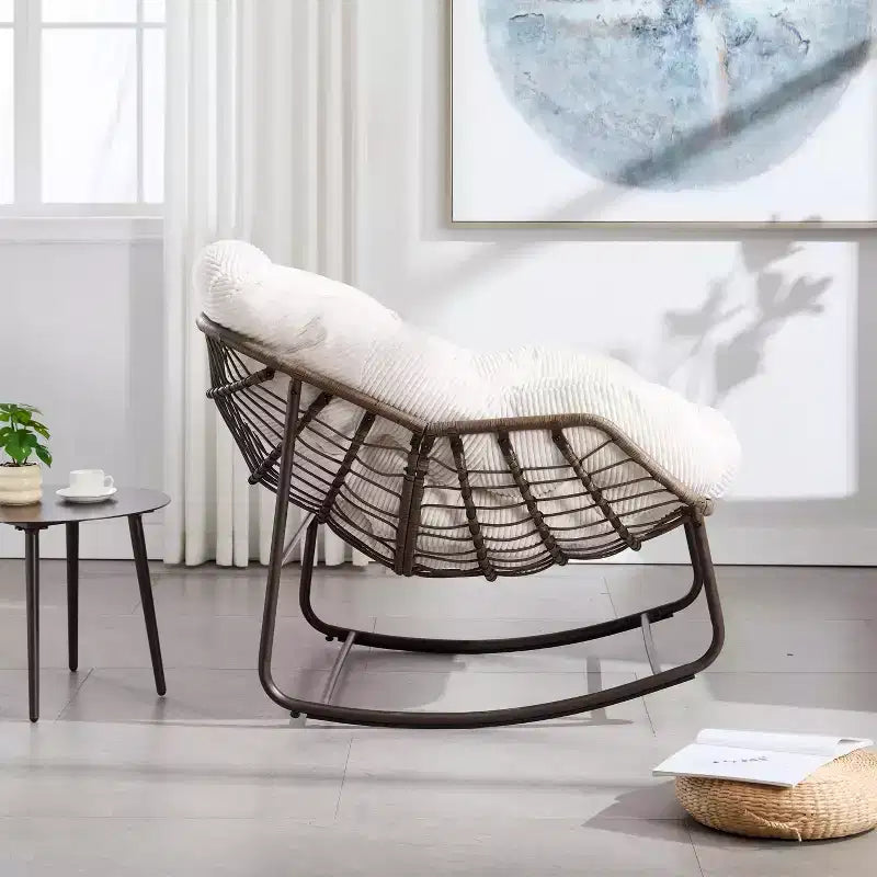 Fauteuils à bascule d'extérieur Okak en rotin avec coussin rembourré, fauteuils inclinables d'extérieur avec cadre métallique robuste, chaises de porche pour jardin, arrière-cour