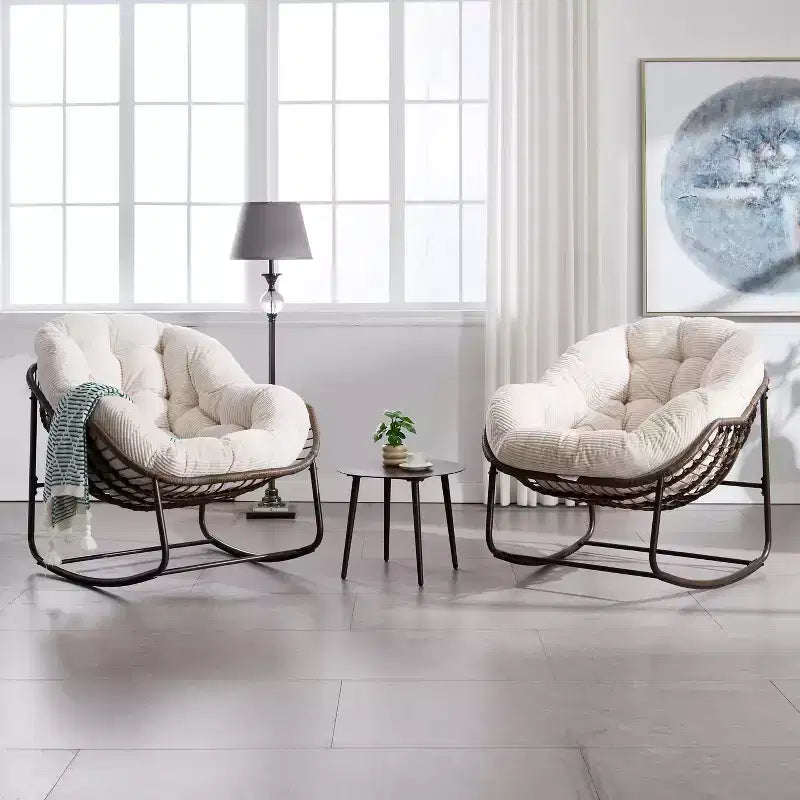 Fauteuils à bascule d'extérieur Okak en rotin avec coussin rembourré, fauteuils inclinables d'extérieur avec cadre métallique robuste, chaises de porche pour jardin, arrière-cour