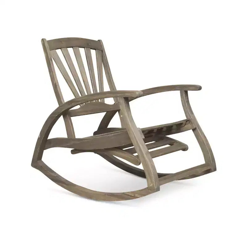 Fauteuil à bascule d'extérieur Okak en bois d'acacia avec repose-pieds rétractable, fauteuil d'appoint de patio avec accoudoirs fixes, fauteuils à bascule de patio pour porche, gris