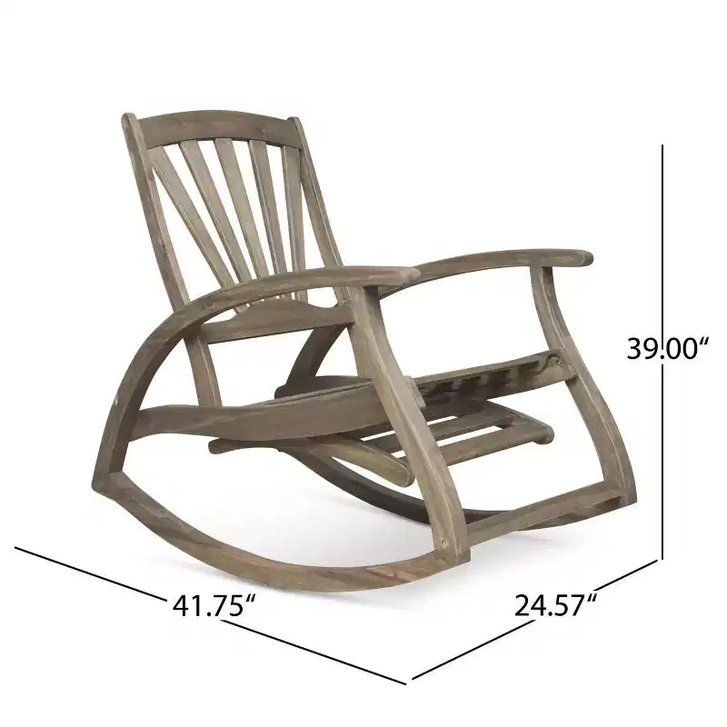 Fauteuil à bascule d'extérieur Okak en bois d'acacia avec repose-pieds rétractable, fauteuil d'appoint de patio avec accoudoirs fixes, fauteuils à bascule de patio pour porche, gris